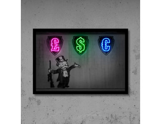 cuadro art con vinilo impreso de Monopoly y neon led flex