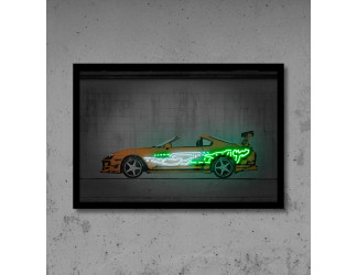 vinilo impreso con forma de coche y detalles de neon led Flex con base de metacrilato.