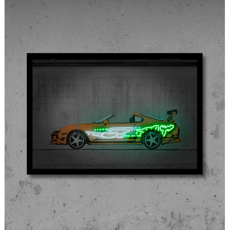 vinilo impreso con forma de coche y detalles de neon led Flex con base de metacrilato.