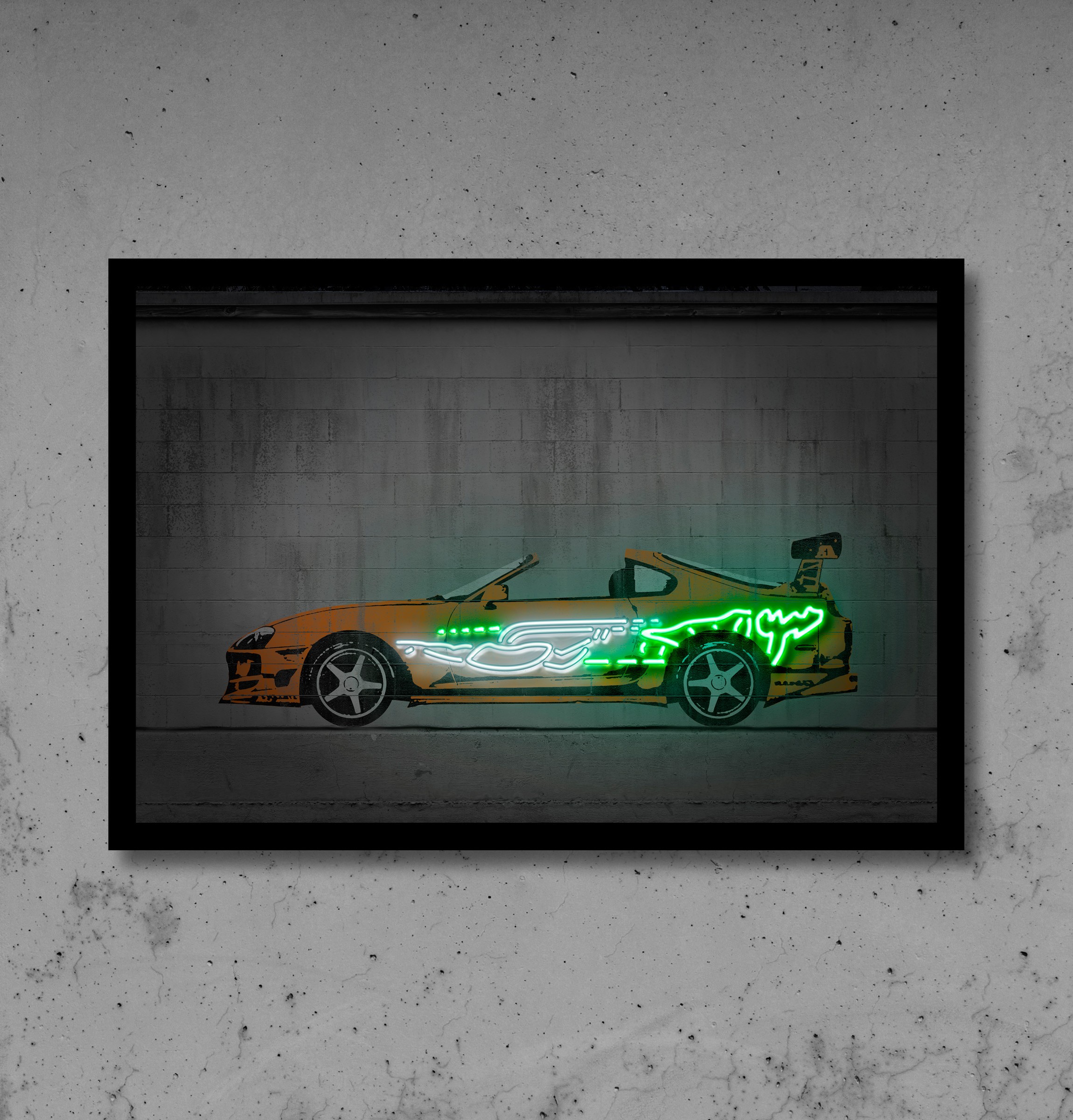 vinilo impreso con forma de coche y detalles de neon led Flex con base de metacrilato. vinilo impreso con forma de coche y detalles de neon led Flex con base de metacrilato.