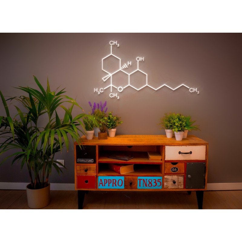 Neón led con forma TCH con base metacrilato rectangular.